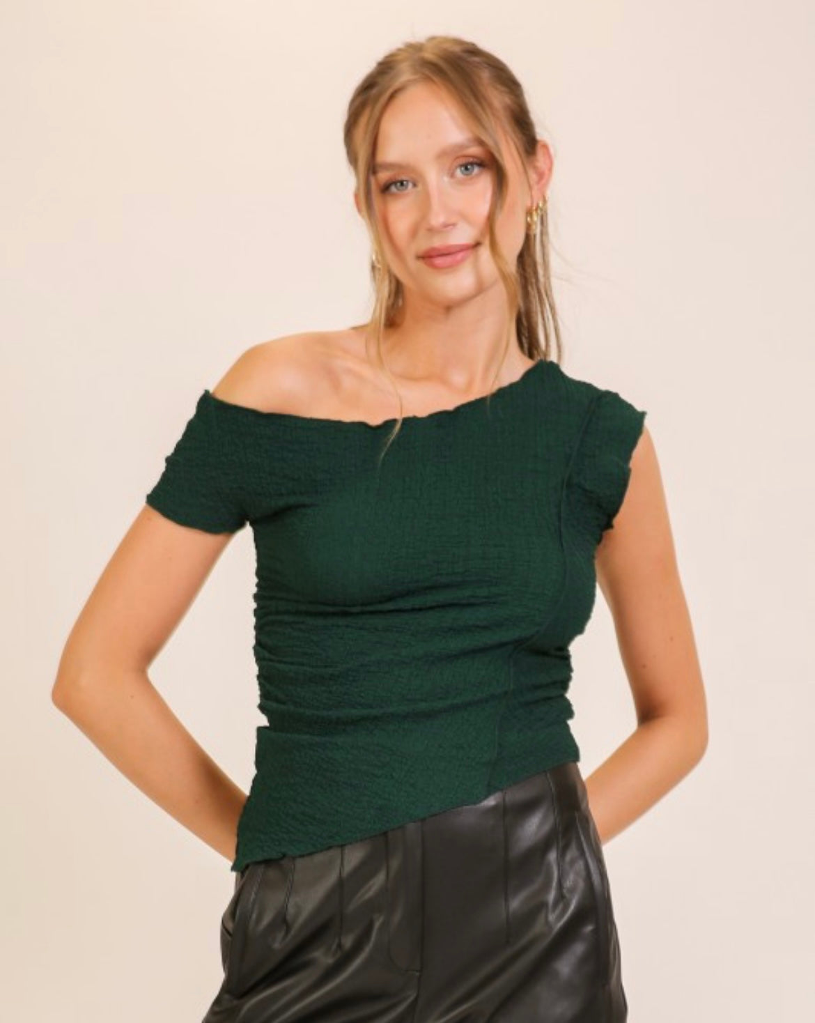 Forrest Green One Shoulder Textured Top