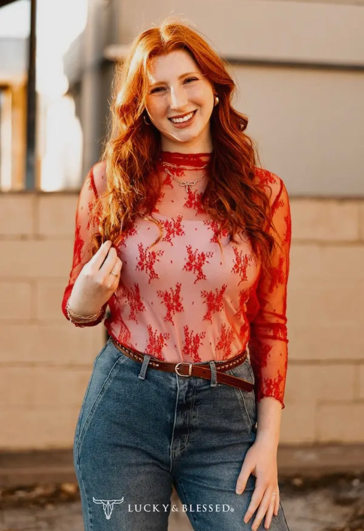 Red Lace Mesh Top
