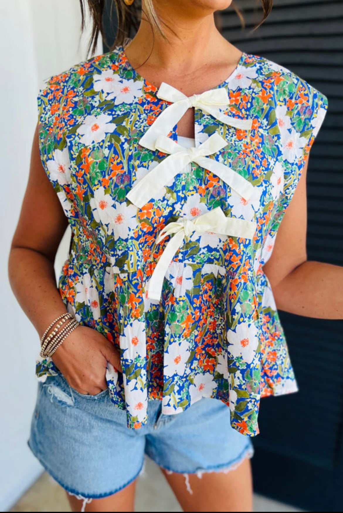 Green Floral Tie Front Blouse
