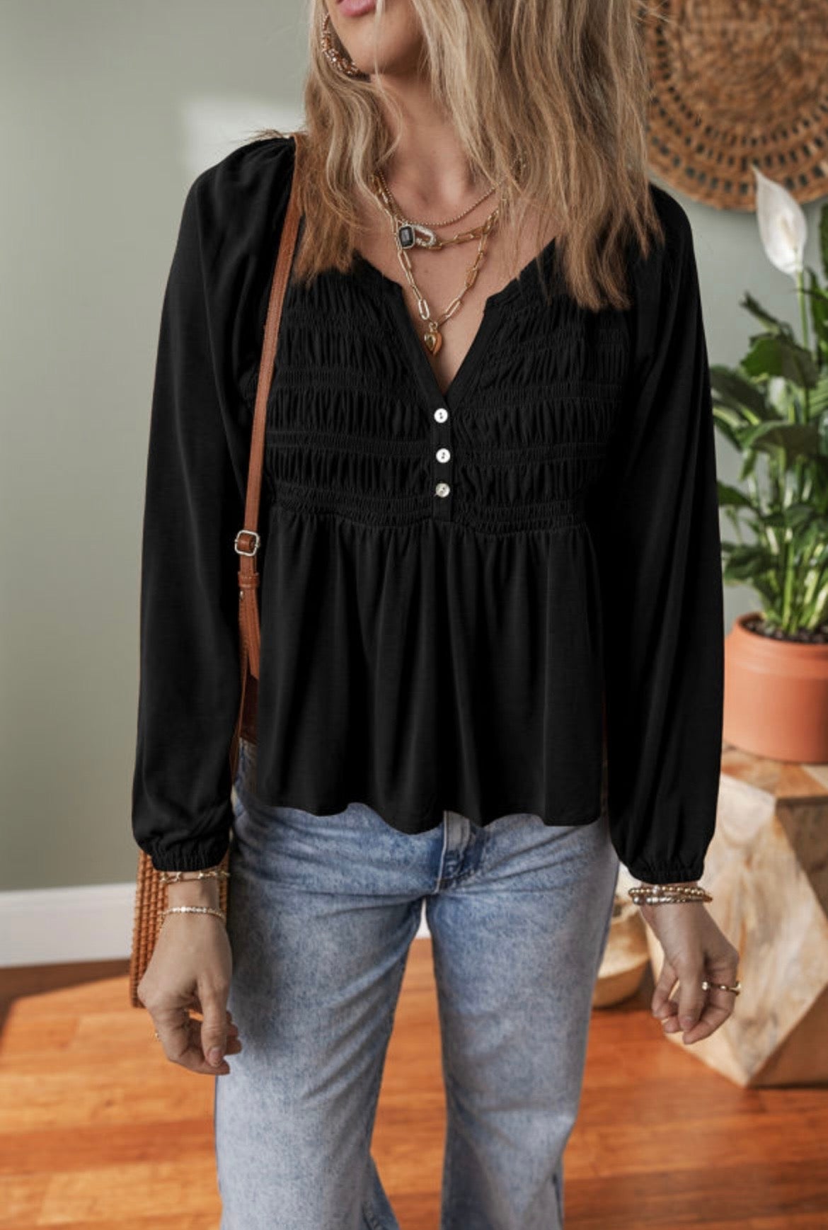 Black Smocked Long Sleeve