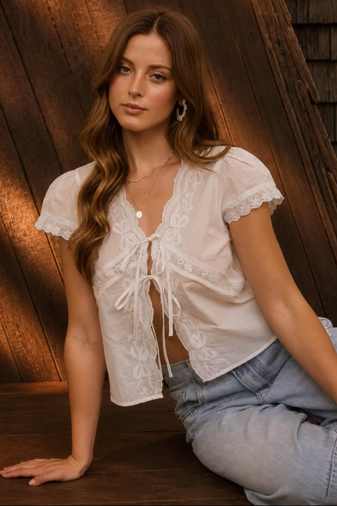 White Lace Tie Up Blouse