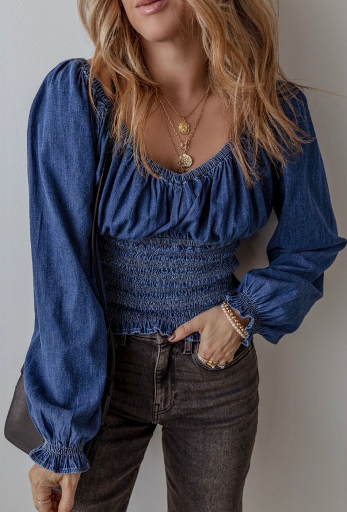 Denim Smocked Long Sleeve was $32