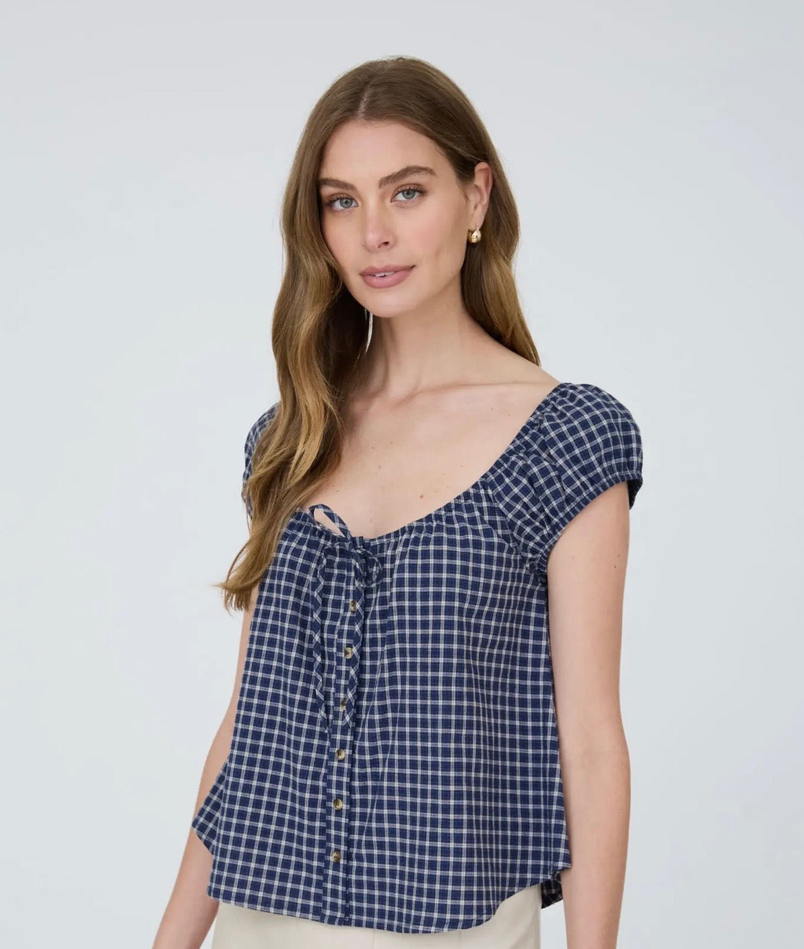 Navy Plaid Button Down Top