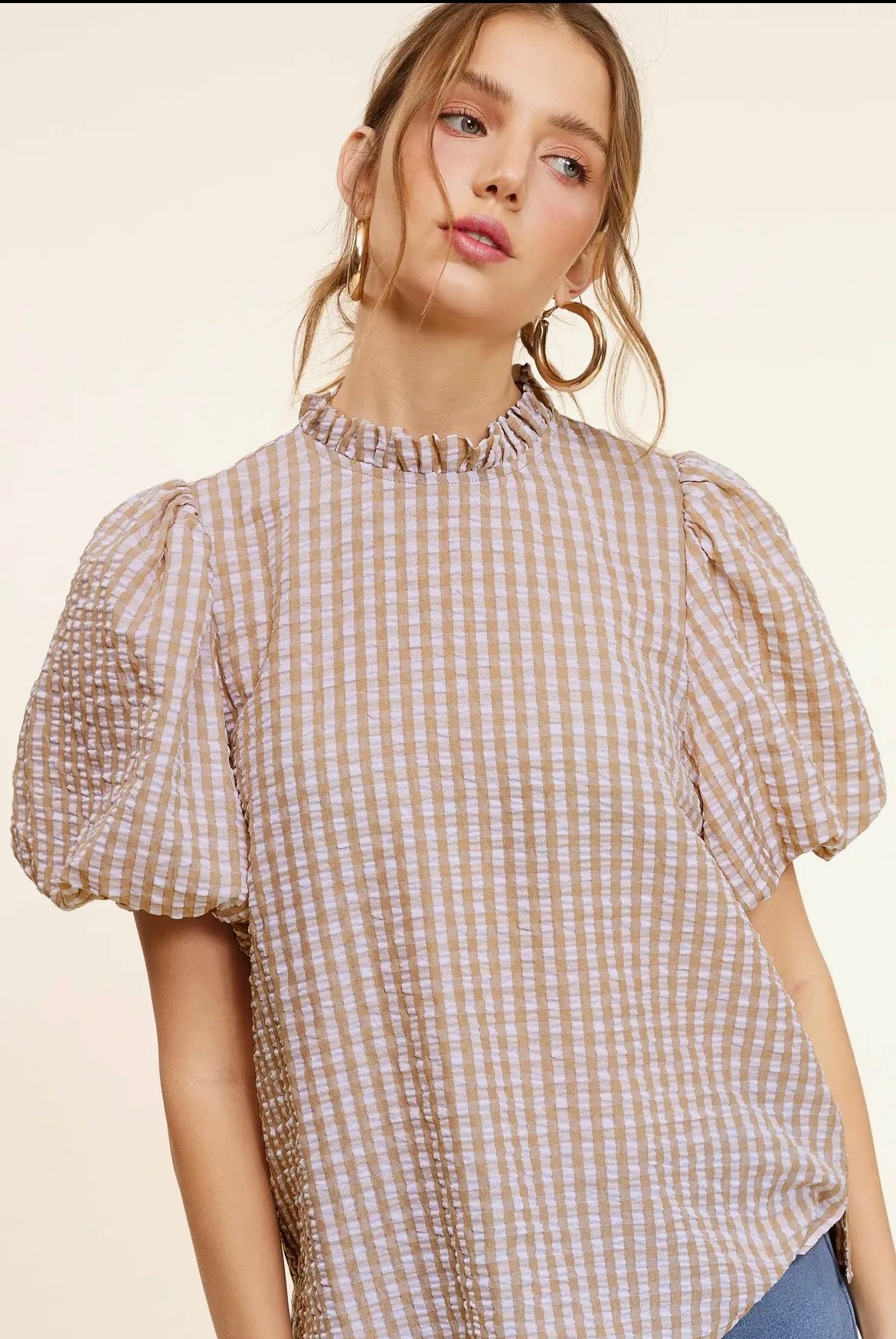 Tan Gingham Puff Sleeve