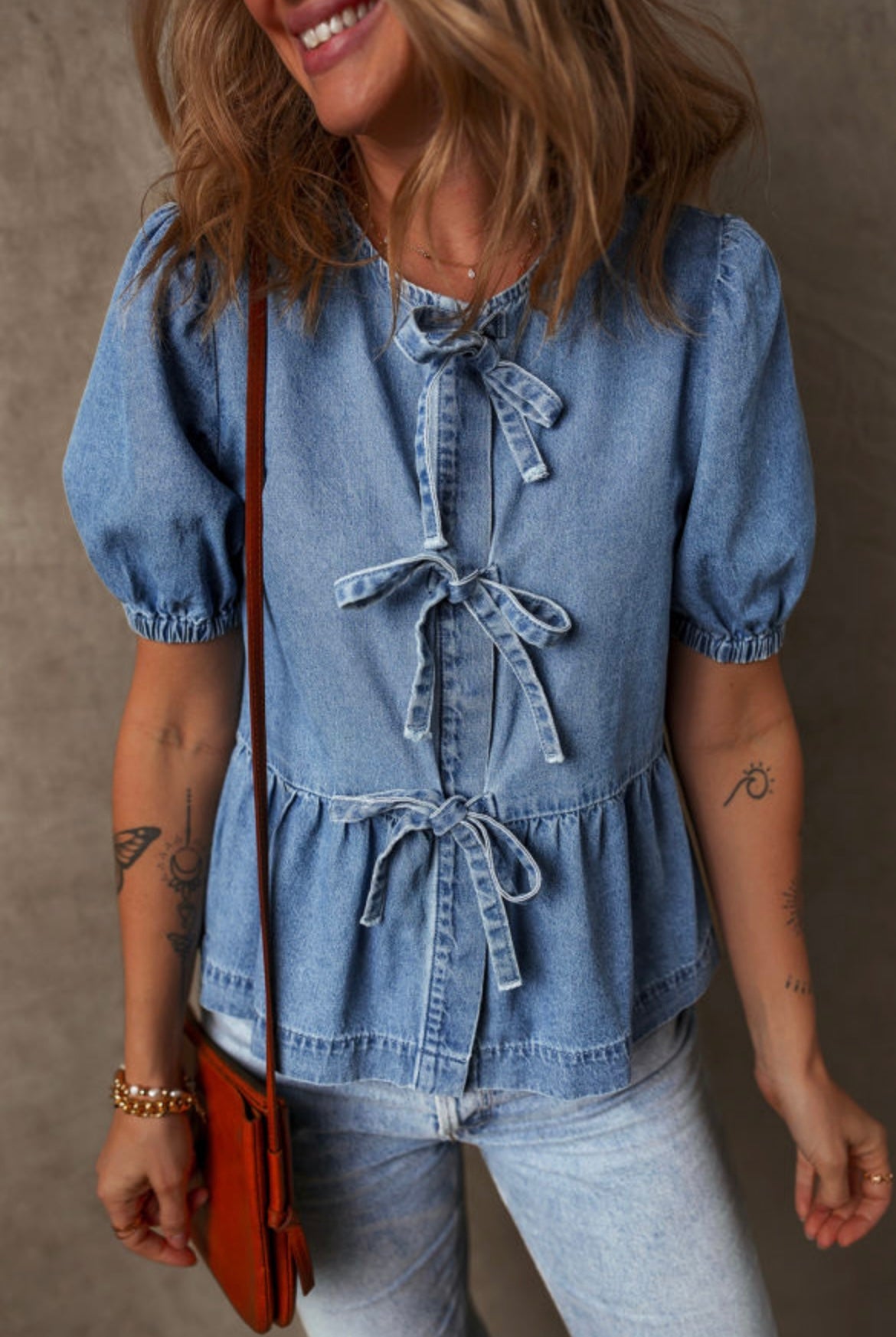 Denim Bow Tie Front Blouse