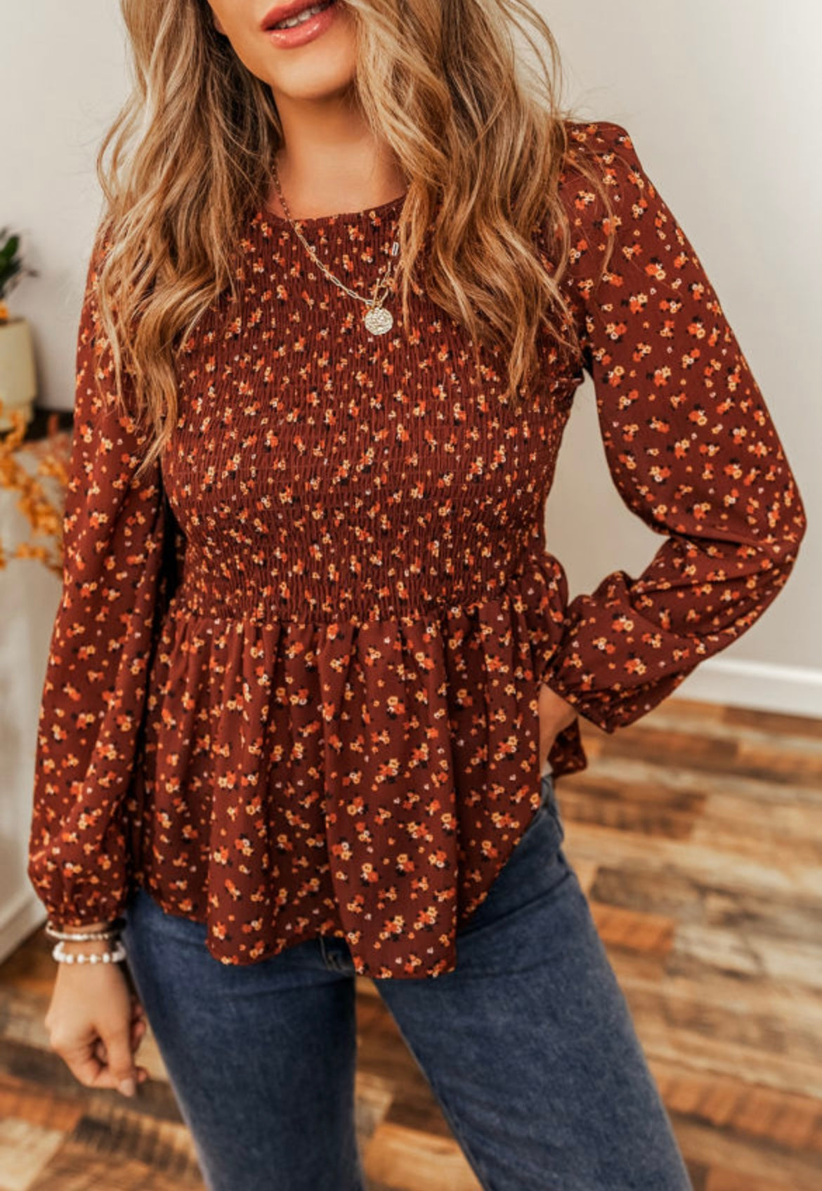 Brown Floral Smocked Peplum