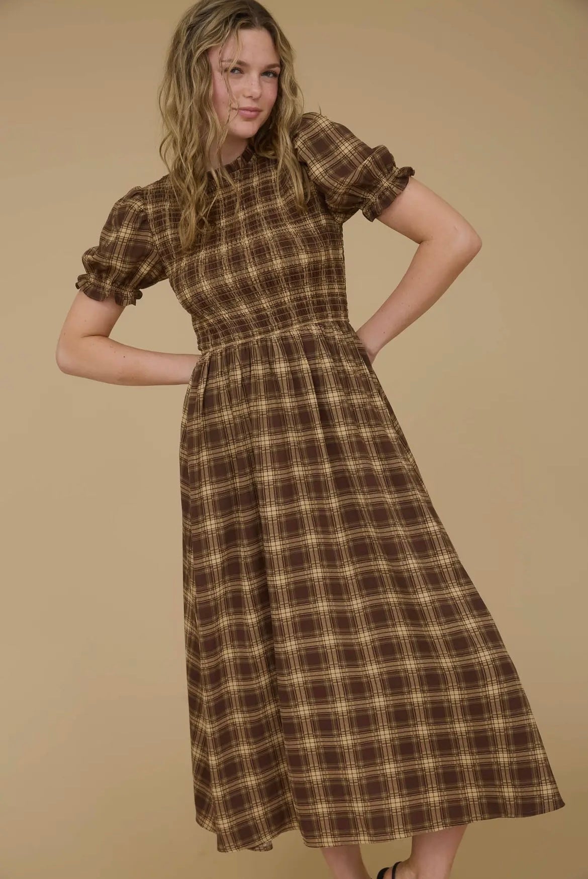 Brown Gingham Smocked Dress
