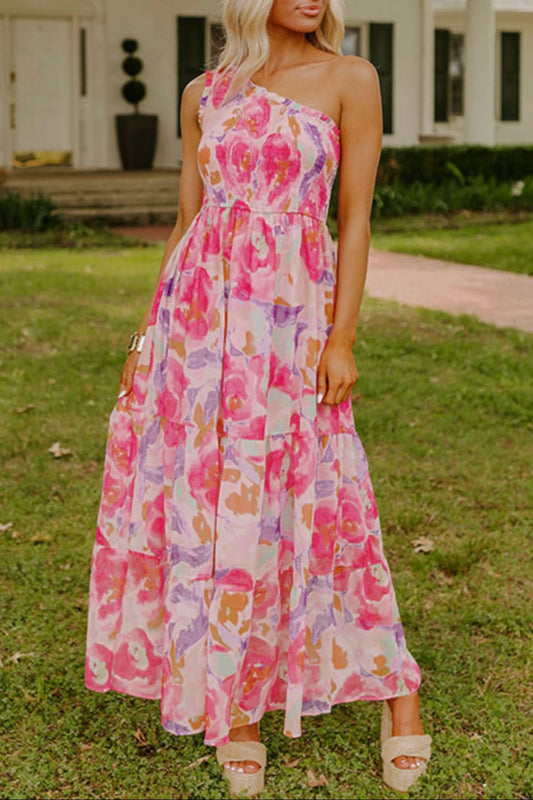 Pink One Shoulder Smocked Dress