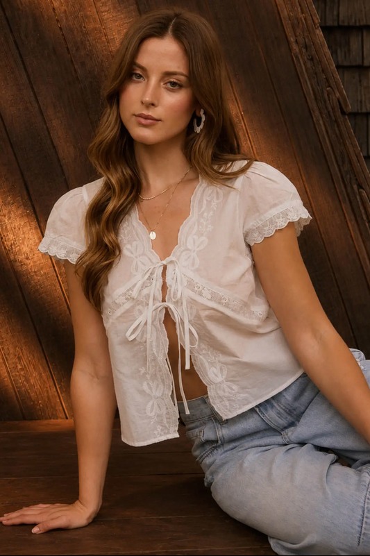 White Lace Tie Up Blouse
