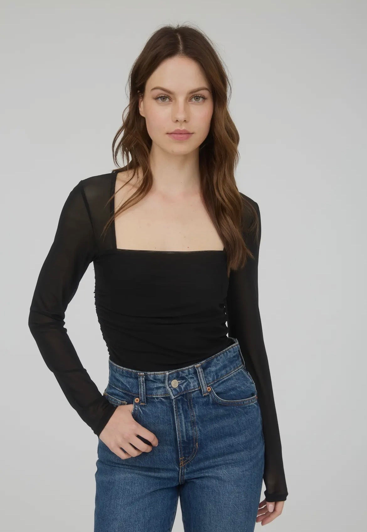 Black Square Neck Mesh Top