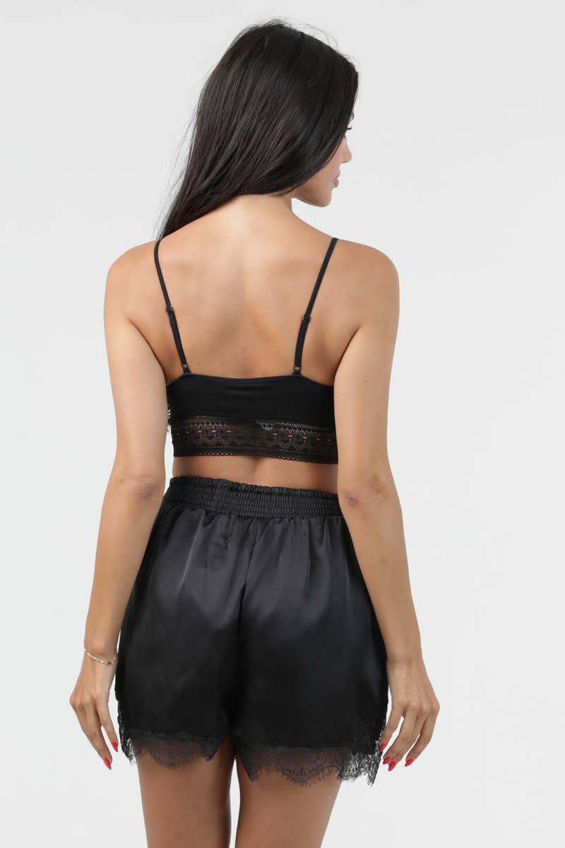 Black Lace Trim Satin Short