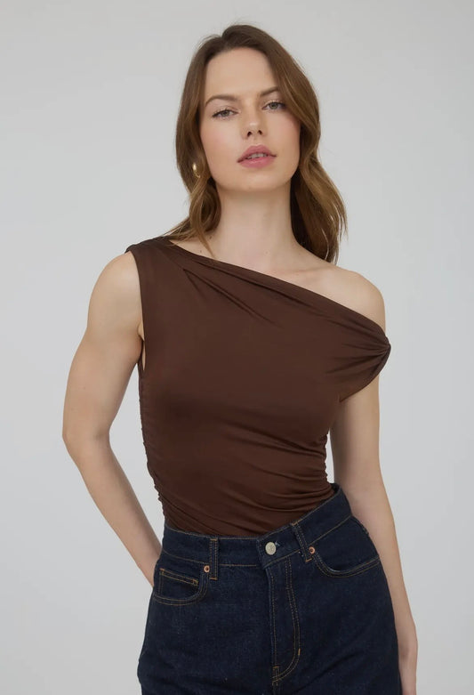 Brown Asymmetrical Off The Shoulder Top
