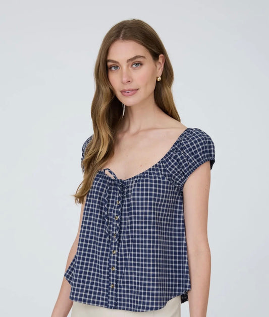 Navy Plaid Button Down Top