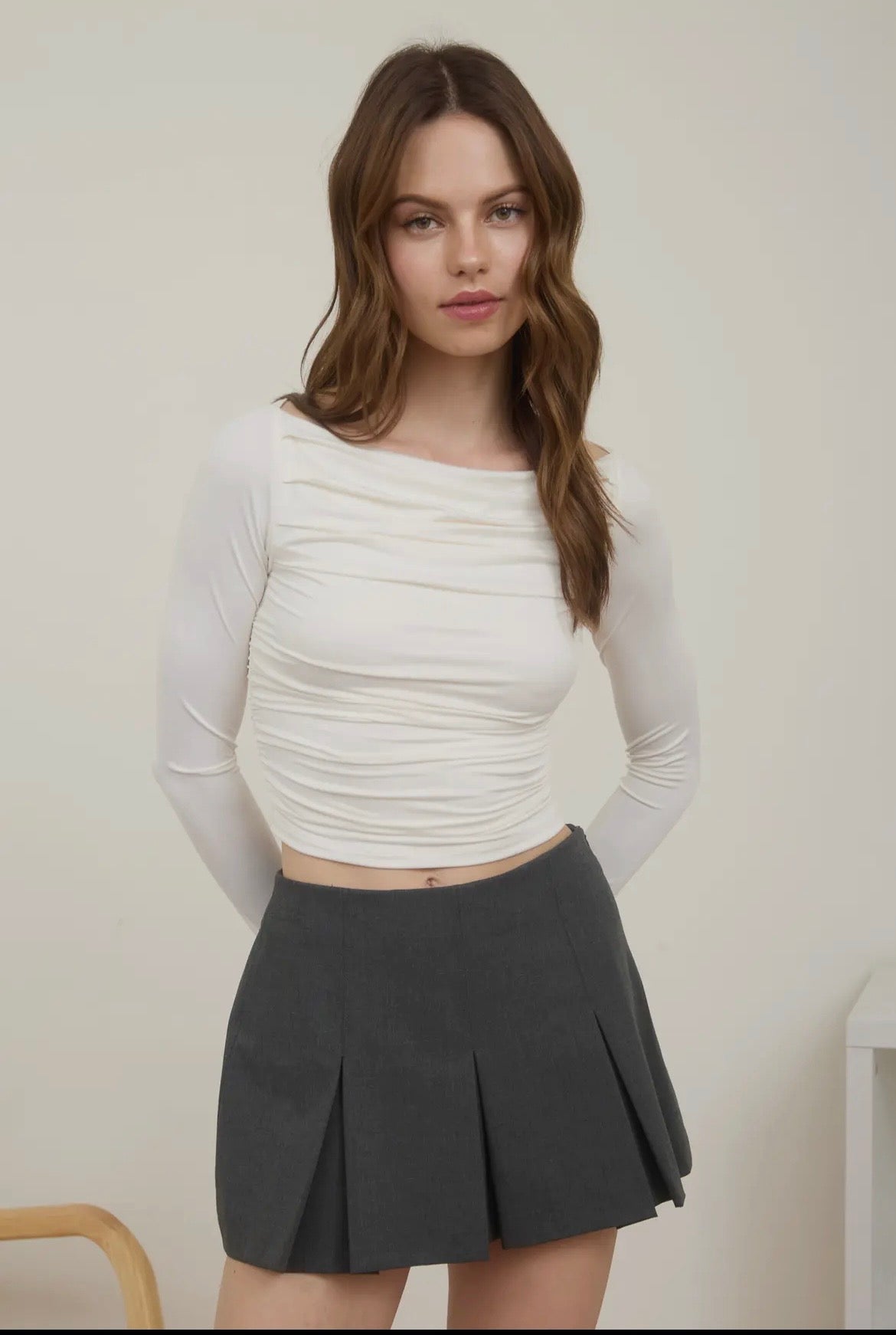 White Ruched Boat Neck Top was $29