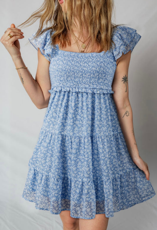 Blue Floral Smocked Mini Dress