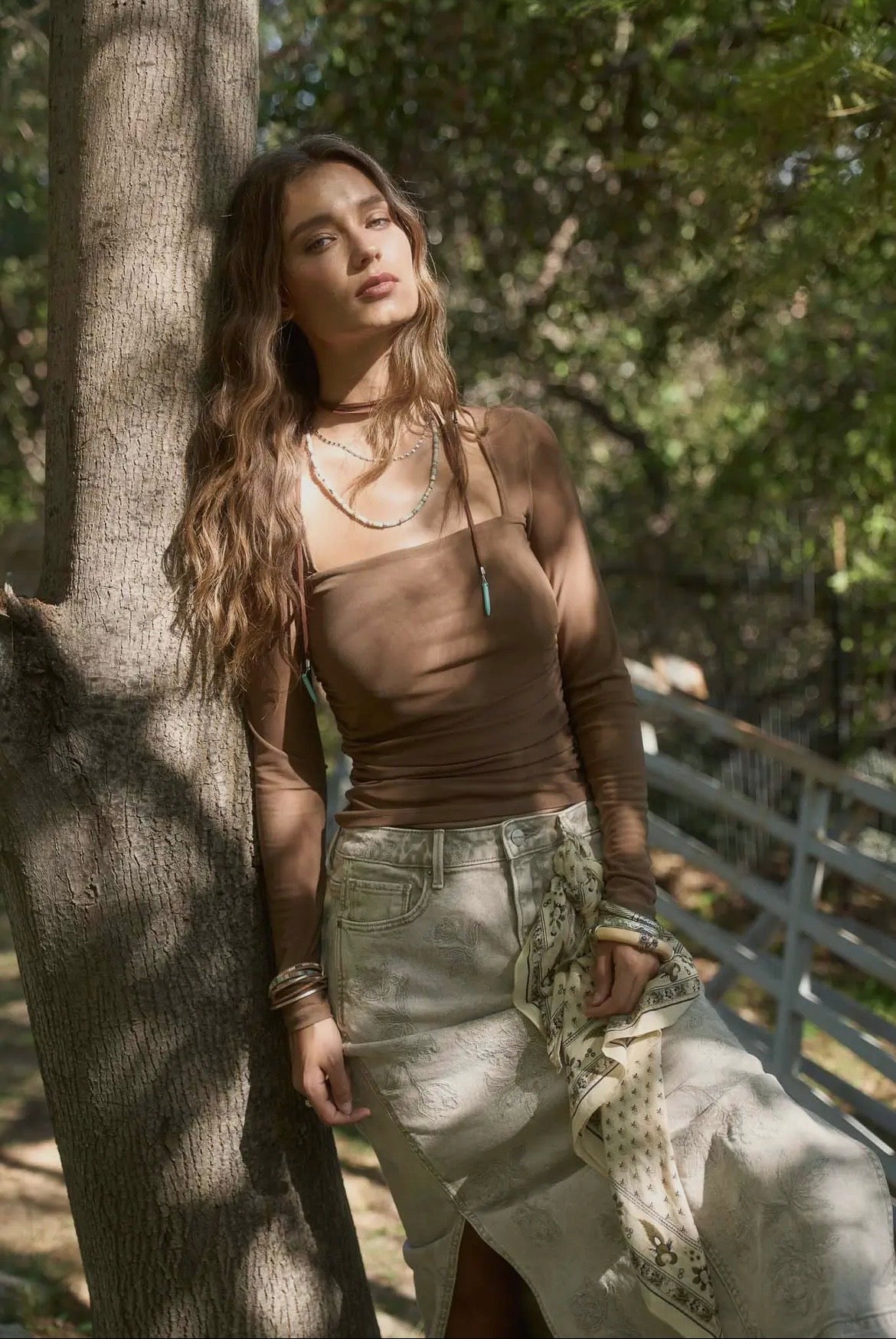 Brown Mesh Square Neck