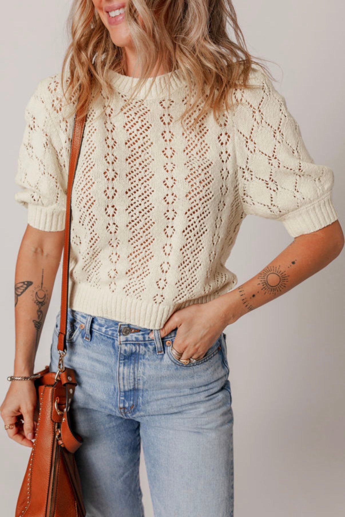 Beige Cropped Crochet Sweater