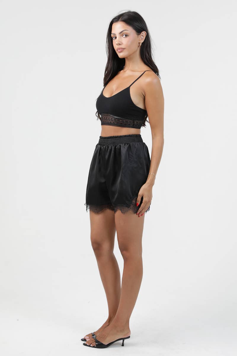 Black Lace Trim Satin Short