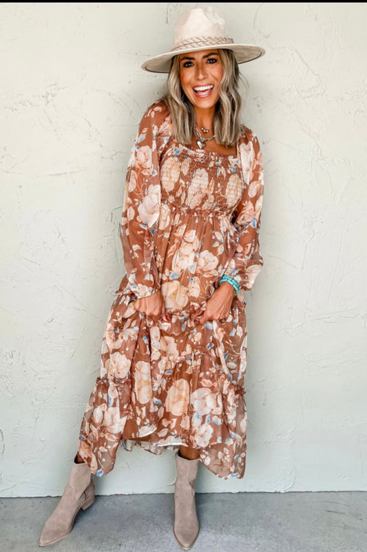Brown Floral Smocked Dress