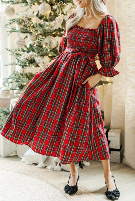 Red Plaid Smocked Dress