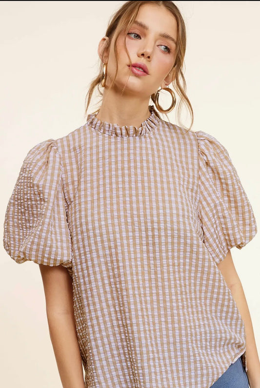 Tan Gingham Puff Sleeve