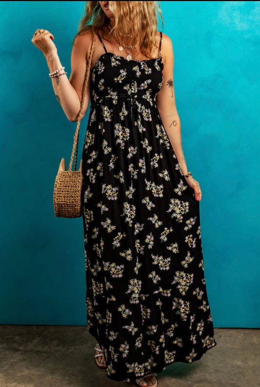 Black Floral Smocked Dress