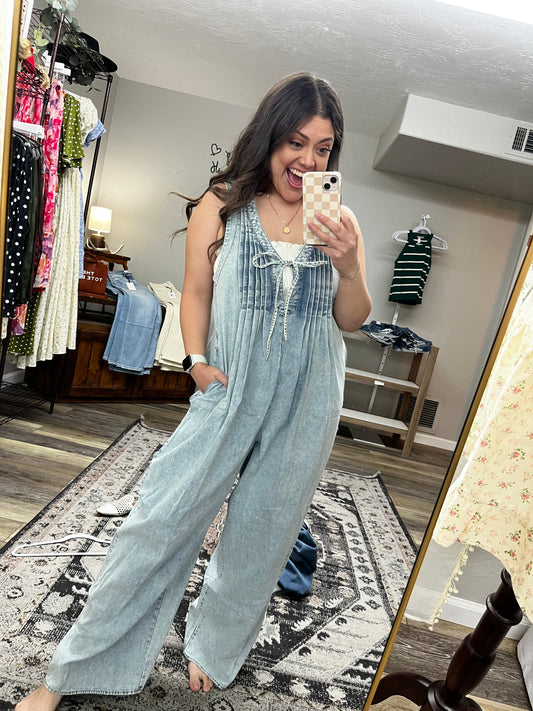 Pleated Denim Jumpsuit