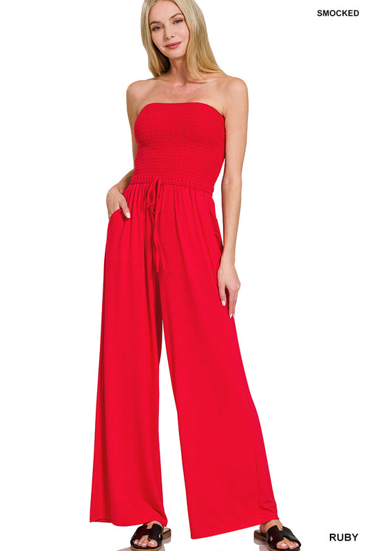 Red Smocked Jumpsuit