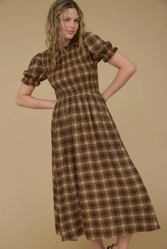 Brown Gingham Smocked Dress