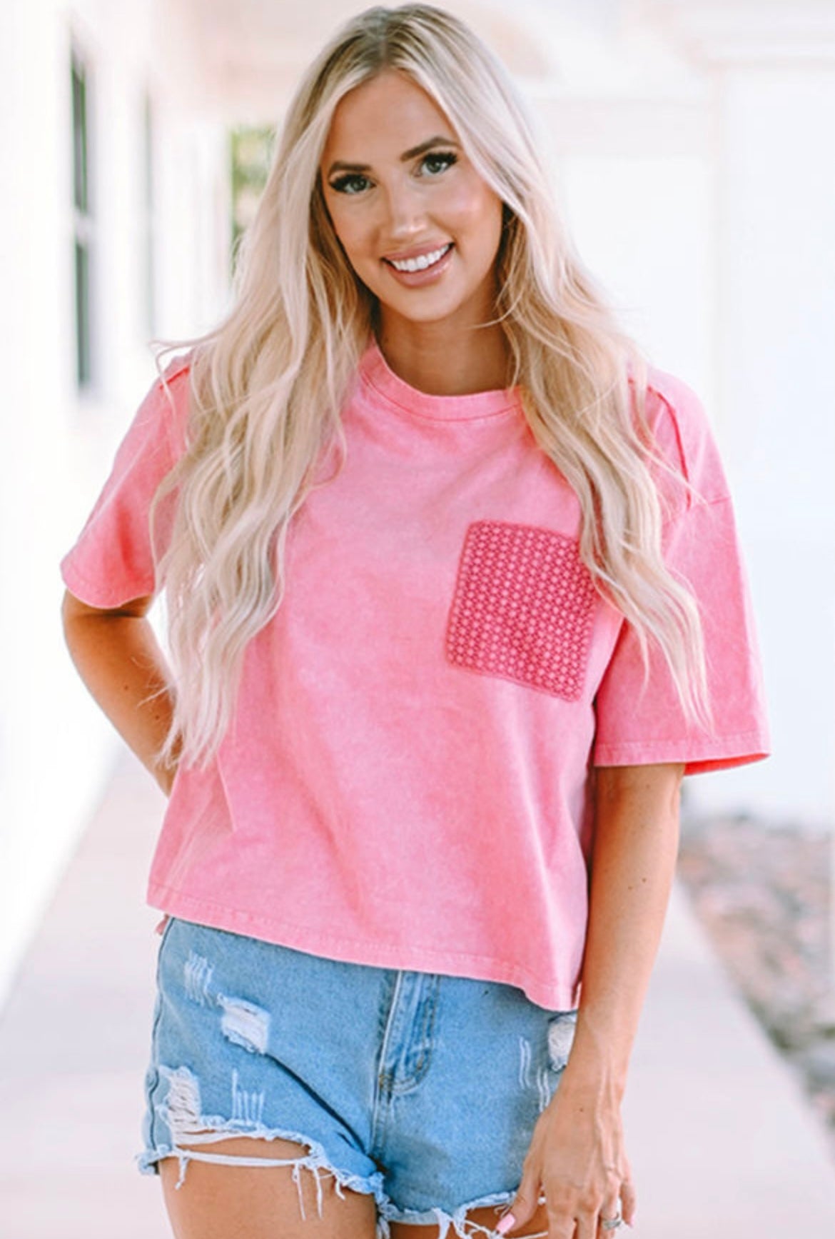 Hot Pink Embroidered Pocket Tee
